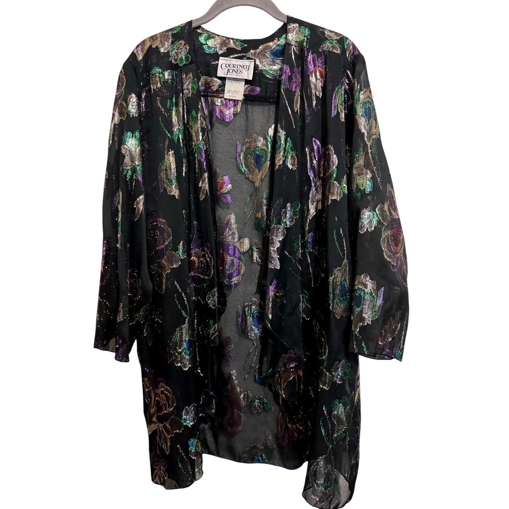 Vintage Women's Black Metallic Floral Kimono Medium Whimsigoth Witchy Cardigan